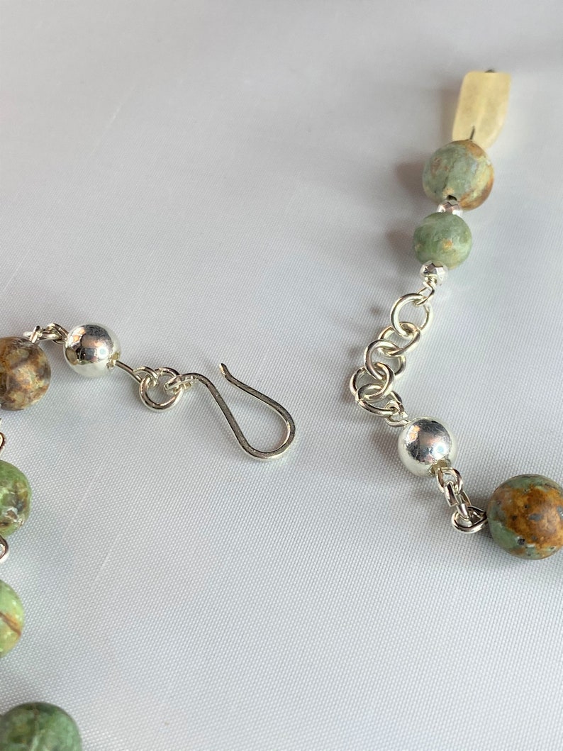 Green Opal Necklace African Green Opal Jasper and Fluorite 26 inch Necklace made with Hand Formed Argentium 935 Silver Chain and Links