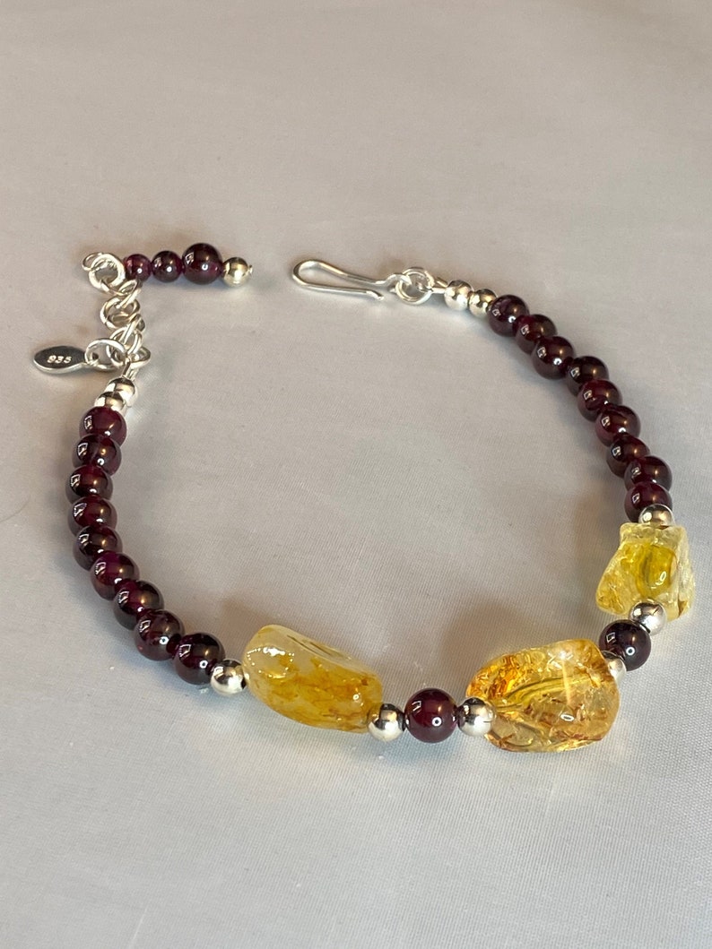 Citrine and Garnet Bracelet Citrine Nuggets and 6mm Garnet Gemstones with a 18 Gauge Hand Forged Argentium 935 Silver Chain and Clasp