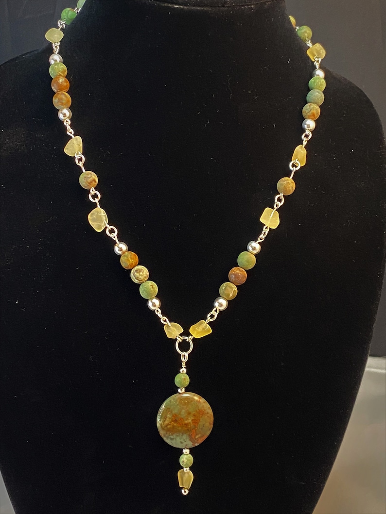 Green Opal Necklace African Green Opal Jasper and Fluorite 26 inch Necklace made with Hand Formed Argentium 935 Silver Chain and Links