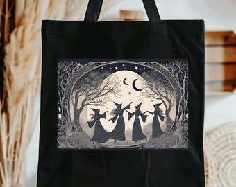 Witch Coven Canvas Tote Bag, Moonlight Pagan Design, Reusable Eco Bag