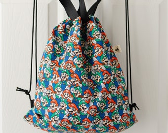 Gamer Drawstring Backpack with Handles, Handmade Cotton Cinch Sack