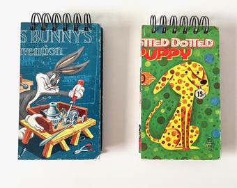 Upcycled Vintage Storybook Mini Notebook, Repurposed Small Pocket Notepad, Recycled Handmade Children's Flip Journal, B Bunny, Spotted Puppy