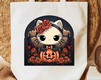 Kawaii Kitty Halloween Canvas Tote Bag, Roses & Pumpkins
