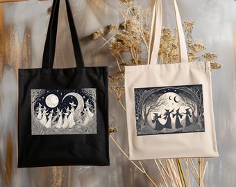 Witch Coven Canvas Tote Bag, Moonlight Pagan Design, Reusable Eco Bag