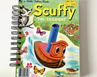 Scuffy the Tugboat Little Golden Book Junk Journal, Repurposed Childrens Notebook, Spiral Bound 50 Pages