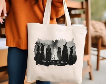 Moonlight Witch Coven Canvas Tote Bag, Lunar Magic, Gothic Forest Witchcore,Pagan Moon Magic, Girls will be Girls,Reusable Eco Friendly Bag