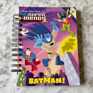 Super Hero Friends Up-cycled Junk Journal,Repurposed Scrapbook Notebook, Handmade Recycled Diary, Storybook Journal, Daily Planner, Golden