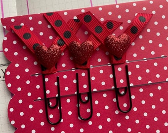 Glitter Heart Charm w/Ribbon Bookmark Paper Clip, Junk Journal Paper Clips, Planner Accessory, Decorative Bookmark, Embellished Page Marker