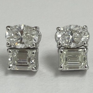 Oval and Emerald Cut Diamond Stud Earrings, Gift for her, for anniversary
