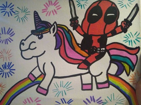 Deadpool Riding A Unicorn 11x17 Canvas