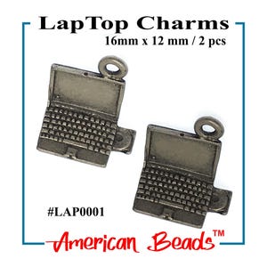 May include: Two antique silver-colored laptop charms. Each charm is 16mm x 12 mm and features a detailed keyboard and screen. The charms are designed for earrings, bracelets, necklaces, and crafts. The text "Fun Charms" and "American Beads" are also visible.