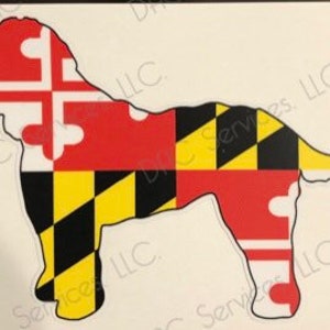 May include: A silhouette of a dog in the shape of the Maryland state flag. The dog is red, yellow, and black with a white background.