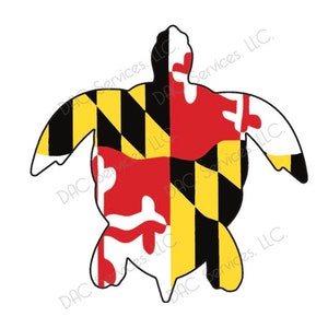 May include: A silhouette of a sea turtle with the Maryland state flag colors and pattern. The turtle is outlined in black and filled with the colors of the Maryland flag: black, yellow, and red.