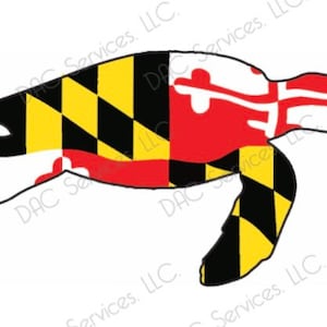 May include: A silhouette of a sea turtle with the Maryland state flag on its shell. The turtle is facing right and has a yellow, black, and red color scheme.