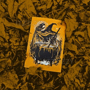 May include: A Halloween-themed illustration on a yellow background, featuring a witch stirring a cauldron. The witch is wearing a pointed hat and cloak. The image is set against a backdrop of autumn leaves.