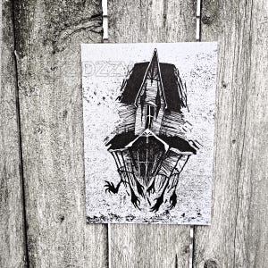 May include: Black and white illustration of a haunted house with the word "OZZY" at the top. The house has a spooky design with claw-like hands extending from the bottom. The artwork is on a white background.
