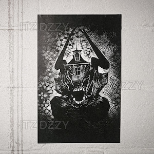 May include: Black and white illustration of a haunted house with a monstrous face. The artwork features a detailed, gothic style with a spooky, horror theme. The image includes the text "ITZDZZY".