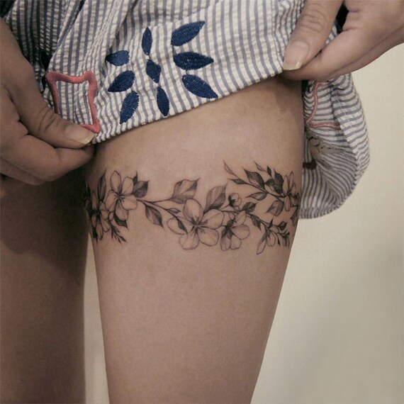 Long Garland Floral Flower Black Temporary Tattoo Vintage Fake Etsy