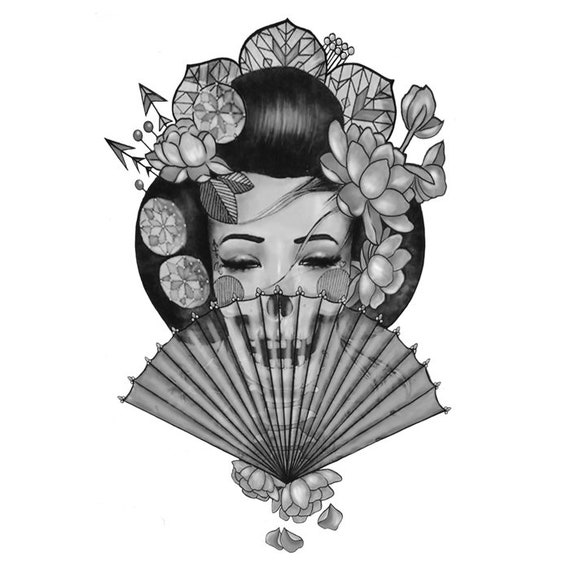 Black Geisha Girl Floral Fan temporary tattoo vintage Fake | Etsy