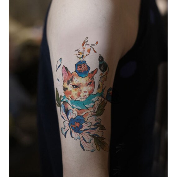 Colorful Large Cartoon Cat Temporary Tattoo Vintage Fake Etsy