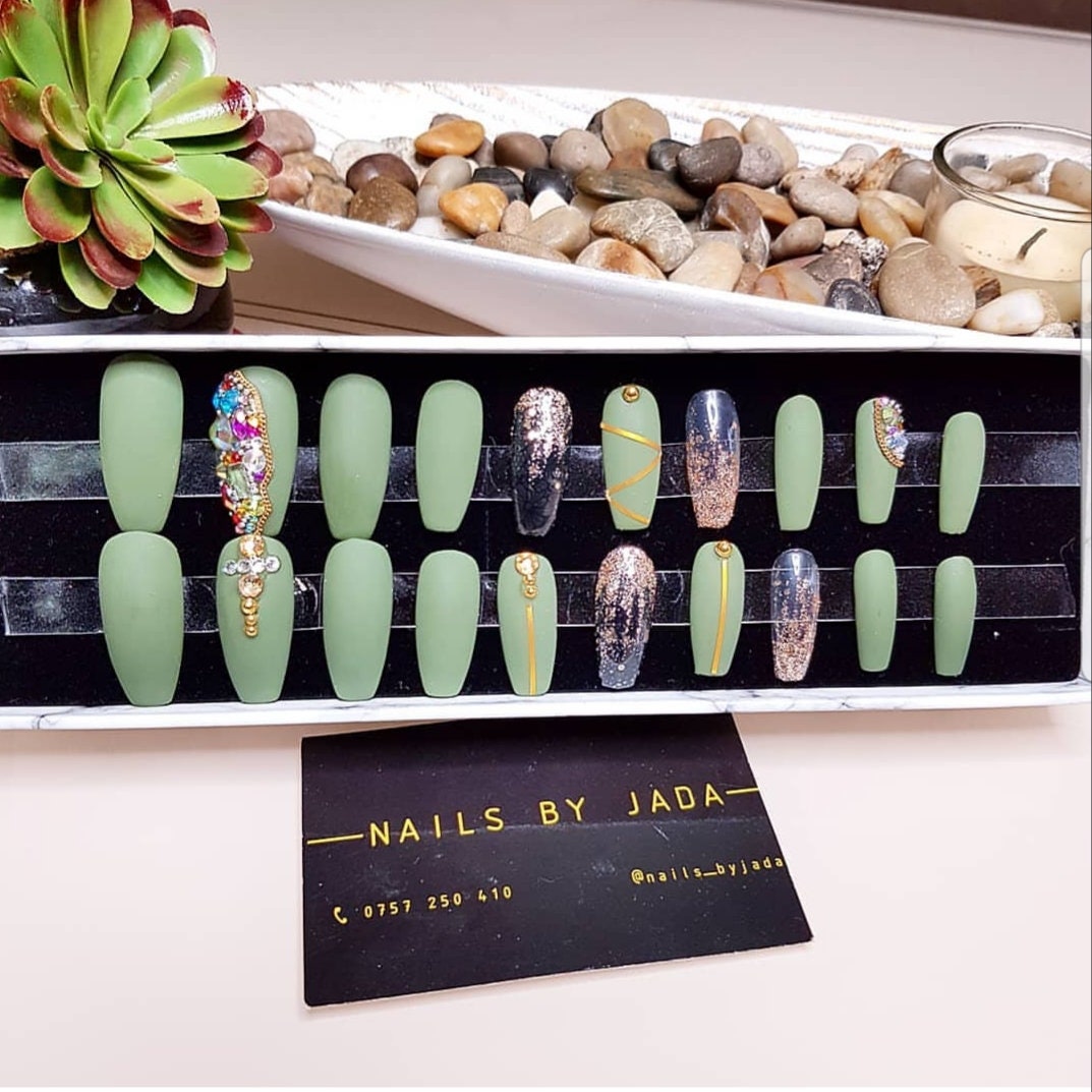 Matte Green Press on Nails with Accessories Etsy