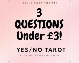 May include: A square graphic with a soft pink gradient background featuring black text that reads: SOUND TAROT PRESENTS 3 QUESTIONS Under £3! YES/NO TAROT WITH 5* REVIEWS FOR OVER 4 YEARS! The design is enclosed within a thin, rounded black border.