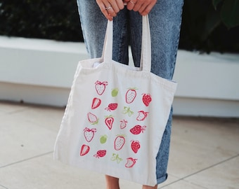 Aesthetic Strawberry Tote Bag, Watercolor Fruit Berry Cottagecore Botanical Cute Painting Canvas Totebag, Gift For Gardener or Best Friend