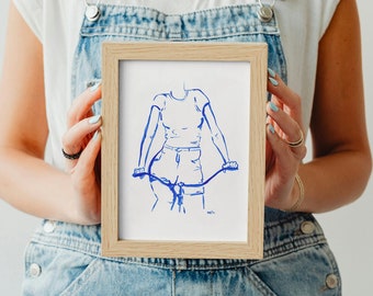 Blau Fahrrad Skizze Fine Art Print, Boho Küste Mittelmeer Französisch Country Art Poster, Matisse inspirierte Linie Zeichnung, minimalistische Wandkunst