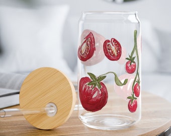 Tomato Glass Tumbler with Straw and Bamboo Lid Can Tumbler, Vegetable Beer Can Glass, Cottage Core Iced Coffee Cup 16oz Gift for Friend
