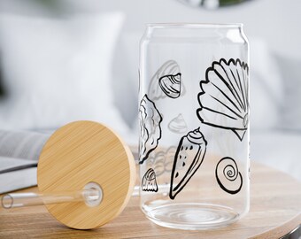 Seashell Glass Tumbler with Straw and Bamboo Lid Can Tumbler, Beach Ocean Beer Can Glass, Coastal Life Iced Coffee Cup 16oz Gift for Friend