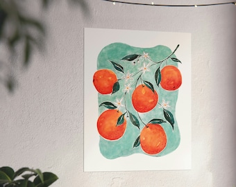 Oranges and Blossoms Watercolor Fine Art Print, Orange Flower Art Poster, Florida Citrus Fruit Botanical Painting, Maximalist Wall Art