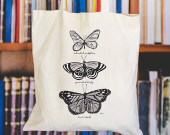 Aesthetic Butterfly Tote Bag, Bug Watercolor Sketch Dark Cottagecore Whimsigoth Goblincore Fairycore Moth Nature Canvas Totebag Gift