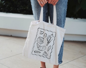 Ästhetische Muschel Strandtasche, Strandtasche, Aquarell, Skizze, Cottagecore, Goblincore, Küstennatur, Canvas Totebag Geschenk