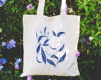 Aesthetic Oranges Tote Bag, Blue Watercolor Citrus Fruit Orange Cottagecore Botanical Cute Canvas Totebag, Gift For Gardener or Best Friend