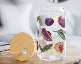 Plum Glass Tumbler with Straw and Bamboo Lid Can Tumbler, Watercolor Fruit Beer Can Glass, Cottage Core Iced Coffee Cup 16oz Gift for Friend