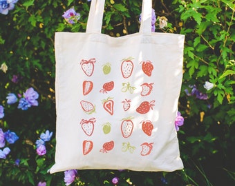 Aesthetic Strawberry Tote Bag, Watercolor Fruit Berry Cottagecore Botanical Cute Painting Canvas Totebag, Gift For Gardener or Best Friend