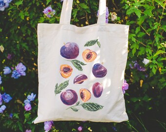 Aesthetic Watercolor Plum Cottagecore Botanical Cute Fruit Painting Tote Bag Gift For Plum Fruit Lover Gardener or Best Friend