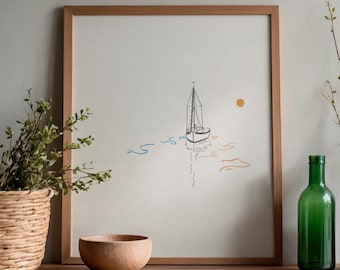 Handgezeichnetes Segelboot Kunstdruck, Keine KI, druckbare Wandkunst, einfache Schiff Auf See Illustration Wohnkultur, Skizze Illustration, digitaler Download