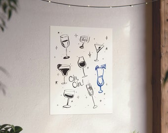 Watercolor Ink Cin Cin Cocktail Bar Cart Art Print, Minimalist Cheers Martini Champagne Drinks Kitchen Poster, Mid Century Modern Design