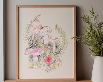 Handgezeichneter Moos Pilz Kunstdruck, druckbare Wandkunst, Mooswald Illustration Dekor, Skizze Illustration, digitale Kunst Download