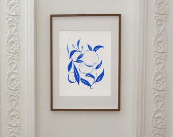 Orangen Aquarell Tinte, Orangenbaum Kunst Poster, Ultramarine Europäisch Griechische Volkskunst, Florida Zitrusfrüchte Botanische Malerei