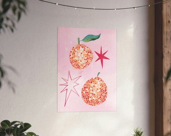 Orange Disco Ball Fine Art Aquarell Druck, Zitrusfrüchte Spiegelball Poster, moderne zeitgenössische botanische Malerei, Dekor Maximalist Art
