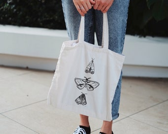 Aesthetic Moth Butterfly Tote Bag, Watercolor Sketch Dark Cottagecore Whimsigoth Goblincore Fairycore Organic Nature Canvas Totebag Gift