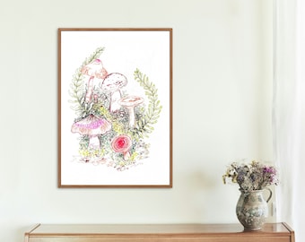 Pilz Skizze, Fine Art Print, Pilze Kunst Poster, Cottagecore Fairycore Woodland Botanische Linie Zeichnung, Pilz-Dekor Minimalistische Wandkunst