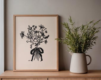 Hand gezeichneter Blumenstrauß Kunstdruck, keine AI, druckbare Wandkunst, Blumen Illustration Raumdekor, Skizze Illustration, digitale Kunst Download