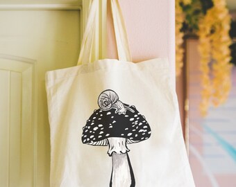 Goth Cream Canvas Tote with Colorful Mushroom & Skull Print Mini Backpack Skull Mushroom Bag | Canvas Tote Bag, Fungi Canvas Tote Bag  main image 4