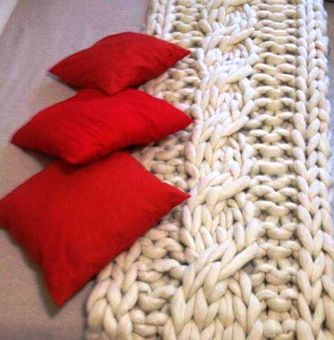 Giant Wool Blanket With Braid, Knitted Blanket, Blanket, Arm Knitting