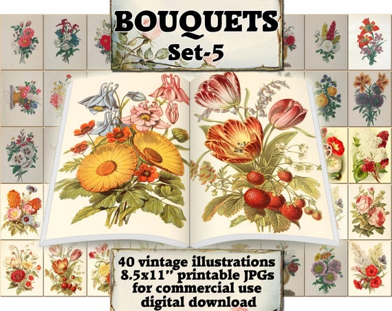 BOUQUEST Set-5 vintage 40 printable 8.5x11'' inches | Etsy