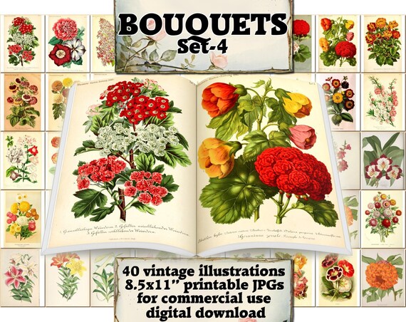 BOUQUETS Set-4 Vintage 40 Printable 8.5x11 Inch Scrapbooking | Etsy