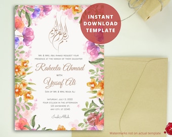 Nikkah Invitation | Muslim Wedding | Wedding Invitation Template | Printable Invitation | Watercolor Flowers